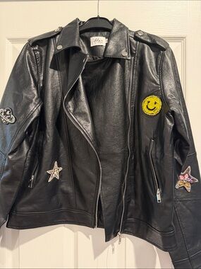 Lola & the Boys Black Leather Moto Jacket with Embellishment Womens size L